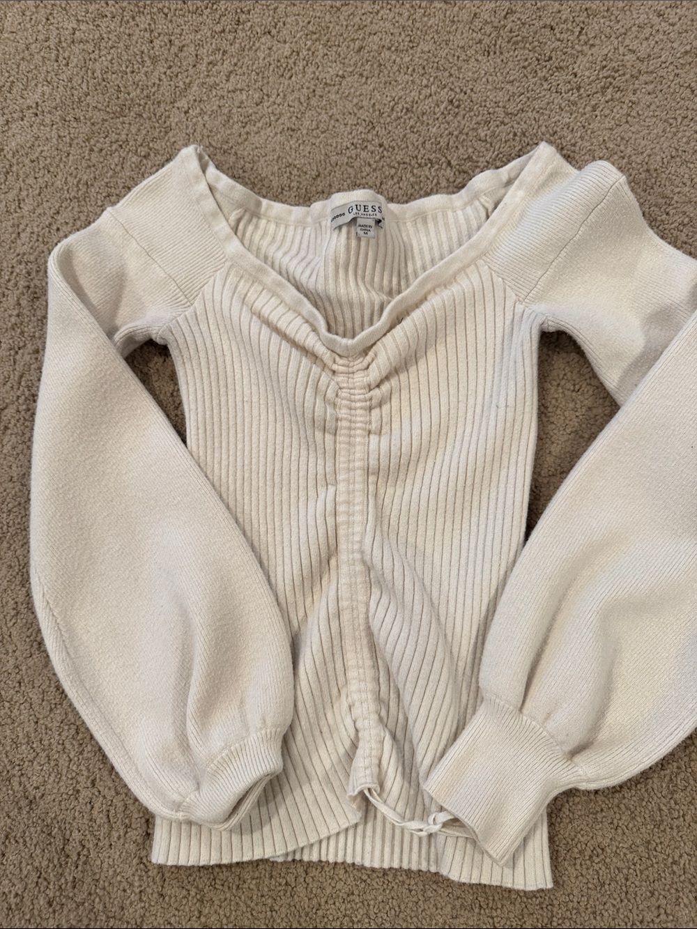Guess Cream Ribbed Cinch-Front Sweater